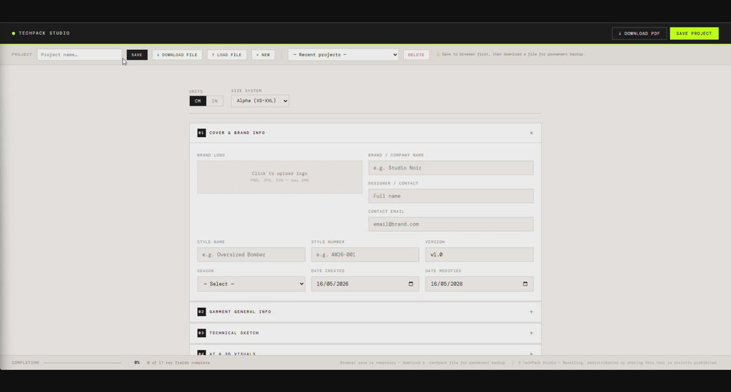Tech Pack Builder — Structured Garment Specs Without the Blank Page